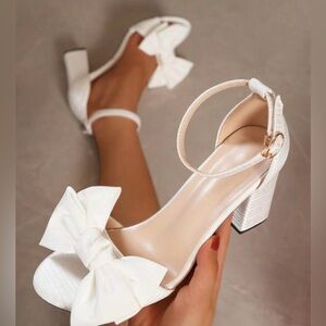 SHEIN women bow decor chunky heeled ankle strap. White
